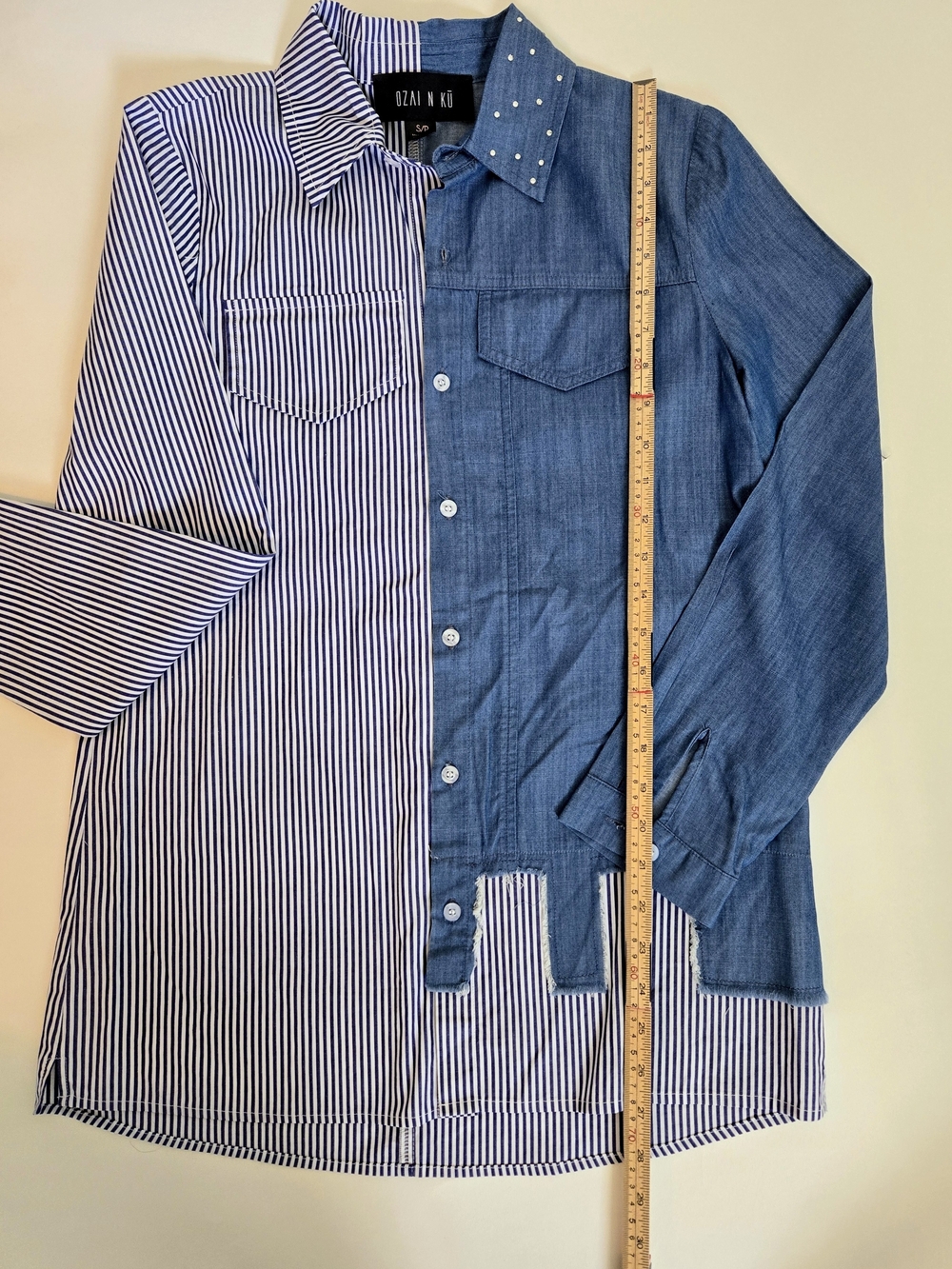 NWOT OZANI N KU Two-Tone Blue Striped & Chambray Button-Down Shirt Womens Size S - Picture 12 of 13